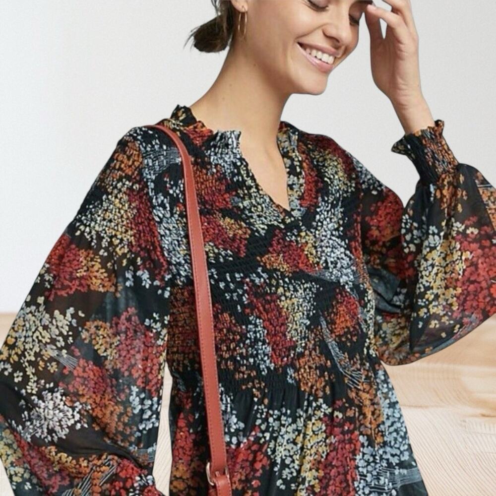 Anthropologie Akemi Kin Adria Smocked Blouse Top Sz M Retro Boho Hippie Lined